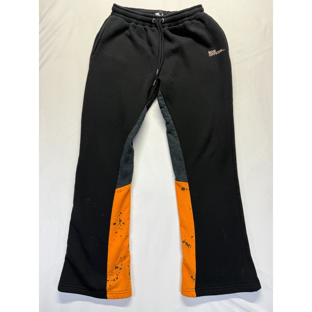 BoohooMAN Sweatpants Mens M Black Colorblock Splatter Paint Flare Leg Drawstring